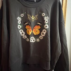 Black Sweatshirt with Orange Butterfly and Daisy Wreath